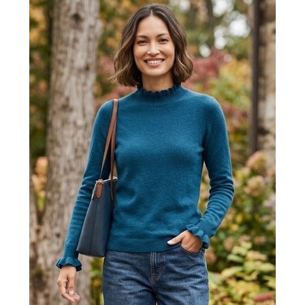 Garnet Hill Women's MED Blue 100% Cashmere Crewneck Ruffle Trim Sweater MSRP$189